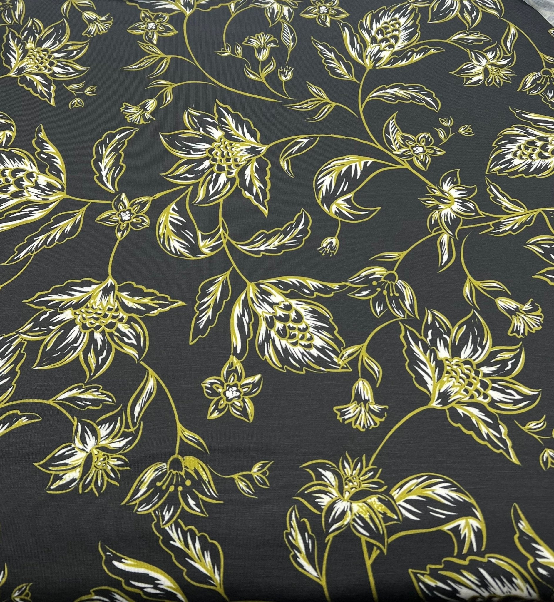 Black Green Gold Floral Print Spun Poly Stretch Fabric - T9 Fabrics